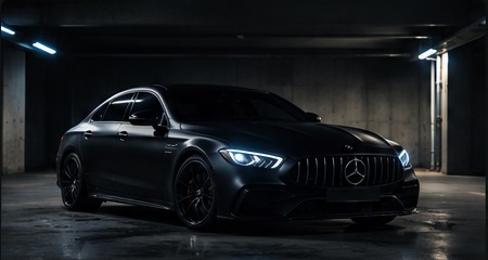 Black Mercedes in dark detailing garage
