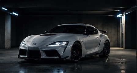 Silver performance coupe in dark detailing garage